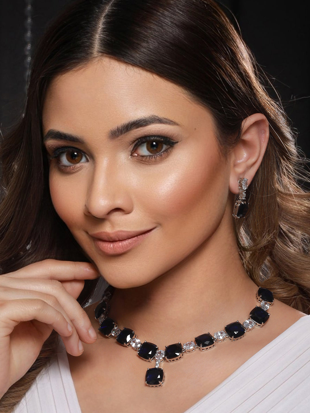 White Rhodium Blue CZ Studded Luxe Statement Jewellery Set